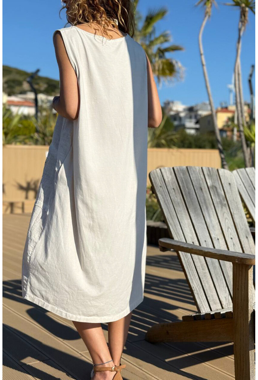 İtalyan Bej Yıkamalı Pis Dikişli Asimetrik Pamuklu Salaş Dokuma Elbise 100 60