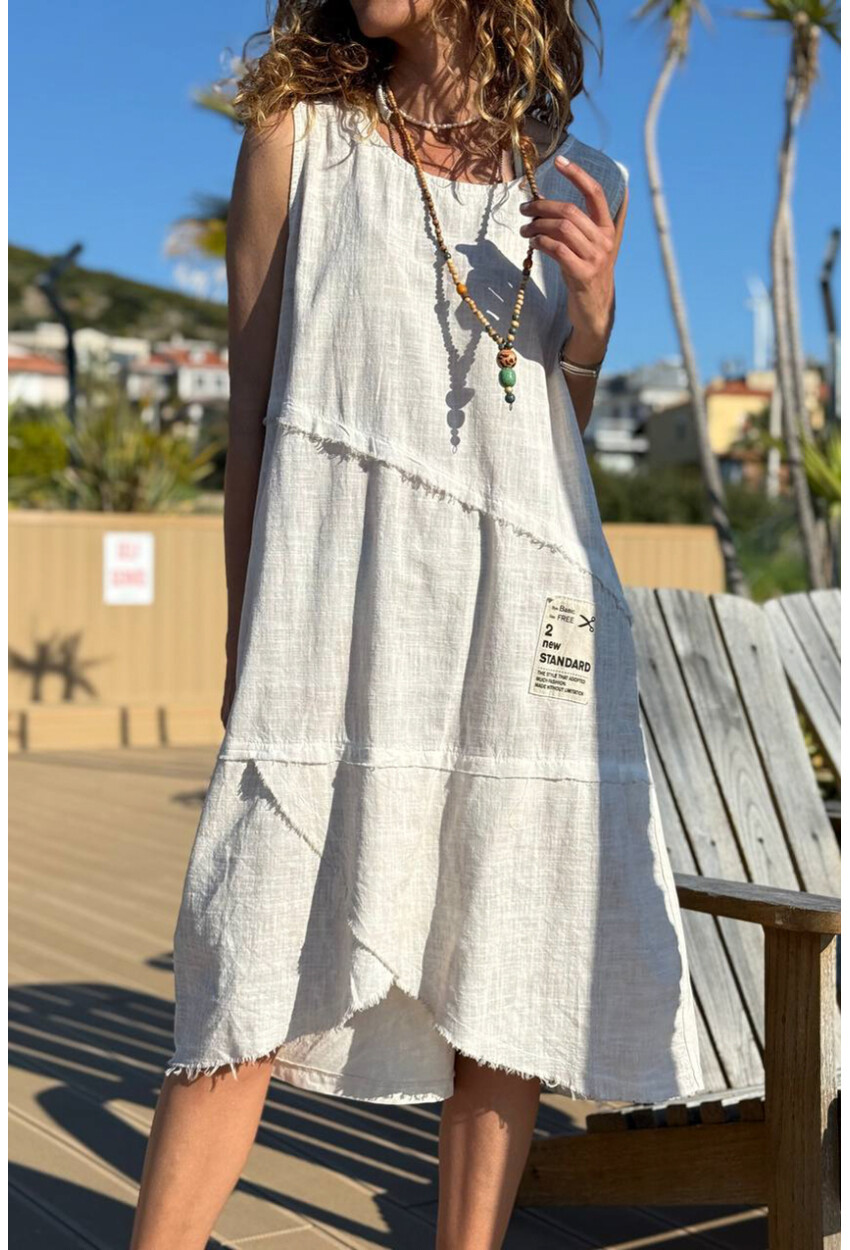 İtalyan Bej Yıkamalı Pis Dikişli Asimetrik Pamuklu Salaş Dokuma Elbise 100 60