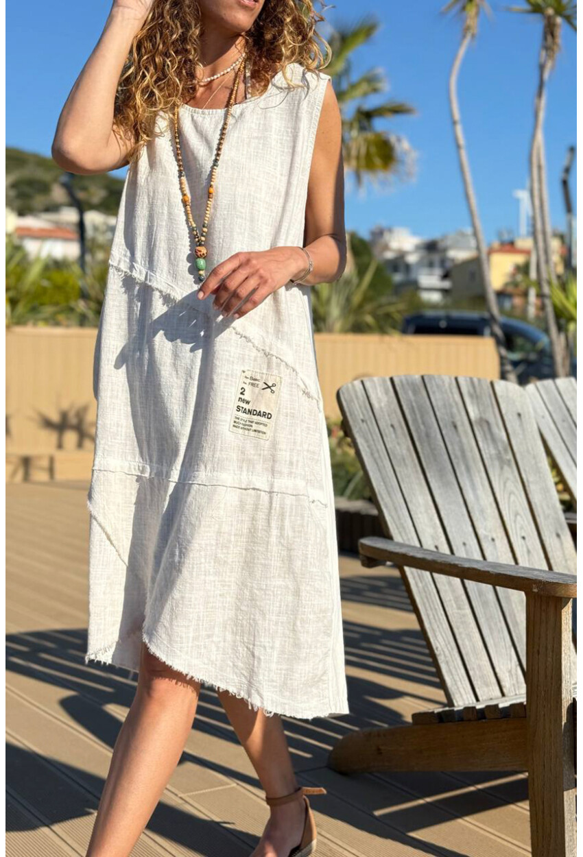 İtalyan Bej Yıkamalı Pis Dikişli Asimetrik Pamuklu Salaş Dokuma Elbise 100 60