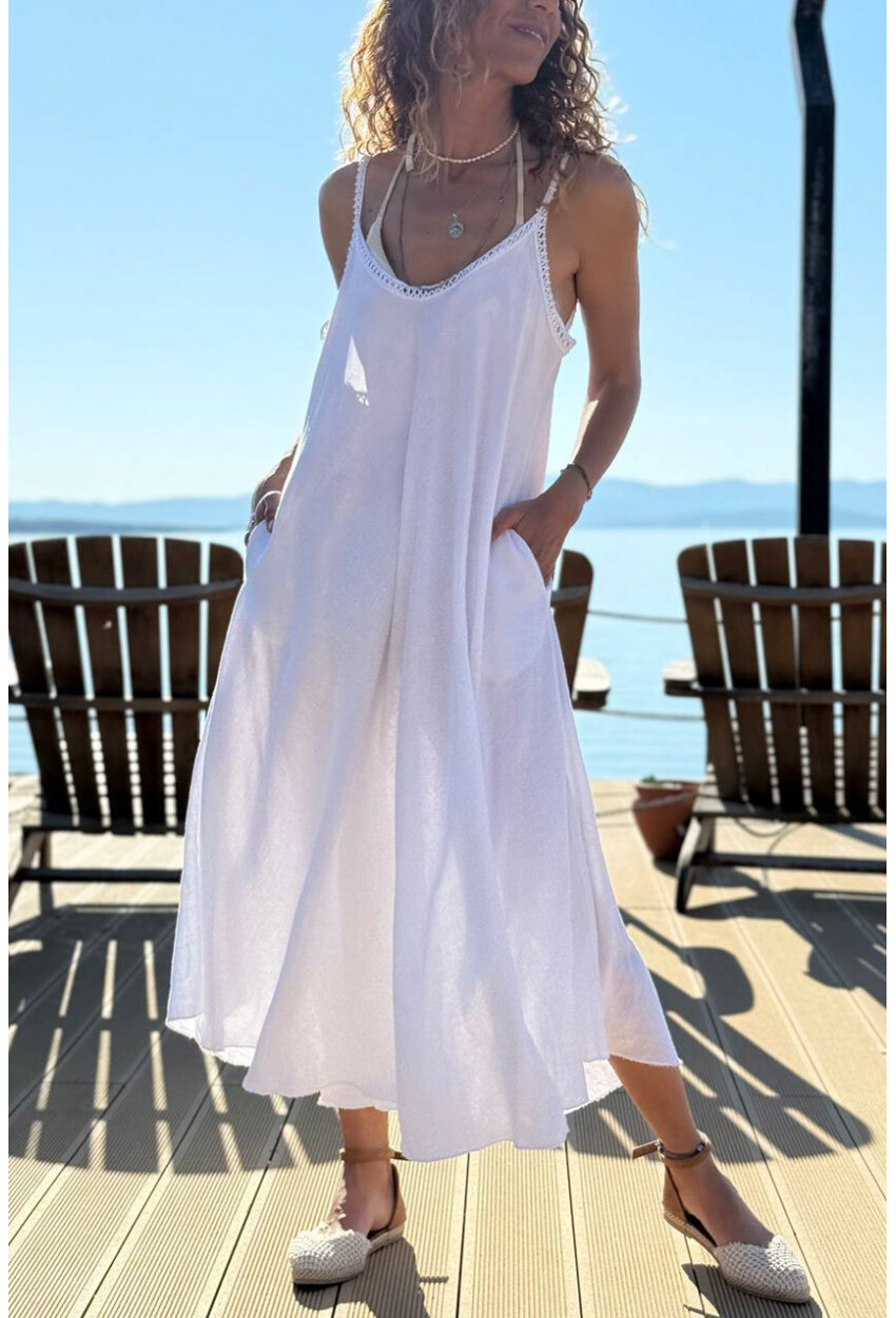 İtalyan Beyaz Askılı Cepli Keten A-Form Fit Salaş Dokuma Elbise 45 35