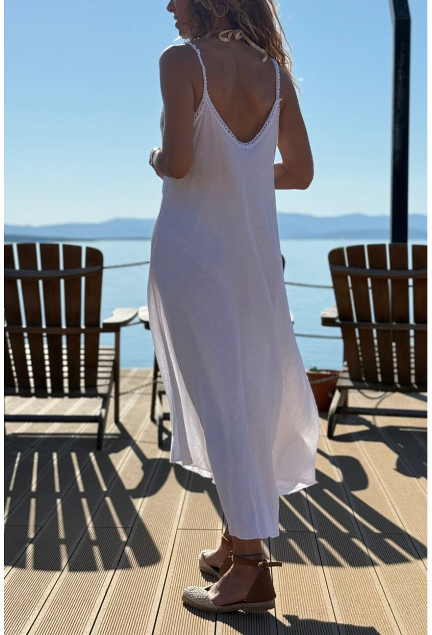 İtalyan Beyaz Askılı Cepli Keten A-Form Fit Salaş Dokuma Elbise 45 35