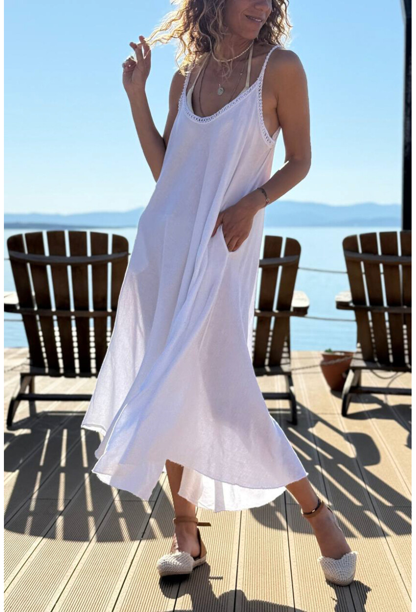 İtalyan Beyaz Askılı Cepli Keten A-Form Fit Salaş Dokuma Elbise 45 35