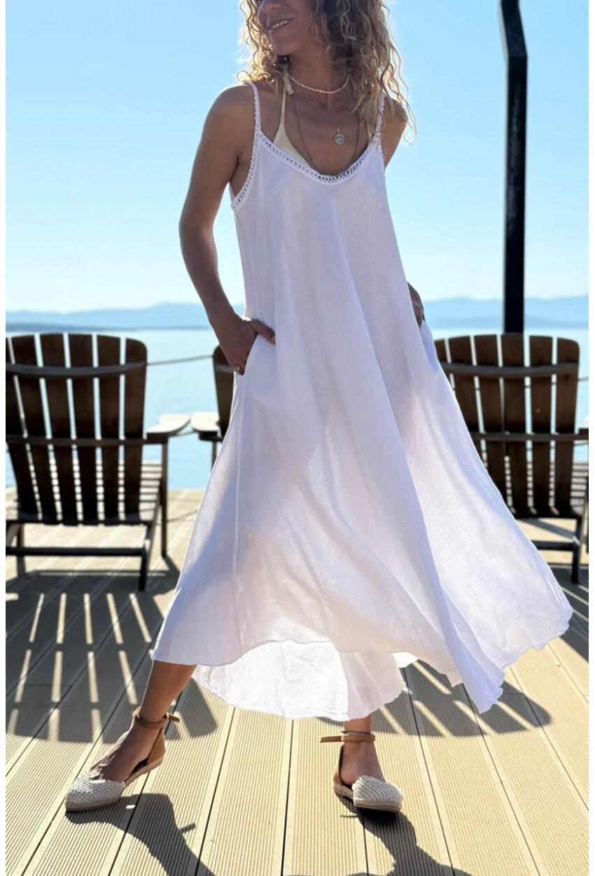 İtalyan Beyaz Askılı Cepli Keten A-Form Fit Salaş Dokuma Elbise 45 35