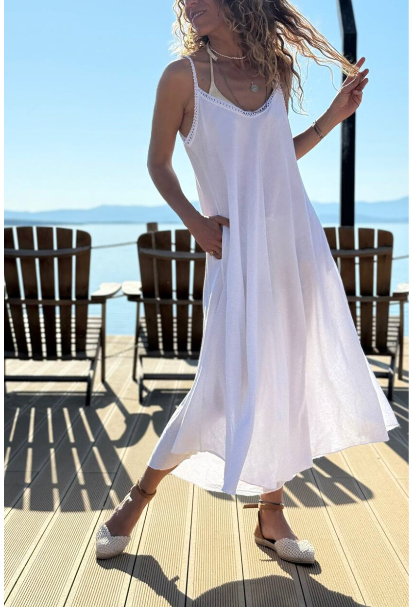 İtalyan Beyaz Askılı Cepli Keten A-Form Fit Salaş Dokuma Elbise 45 35