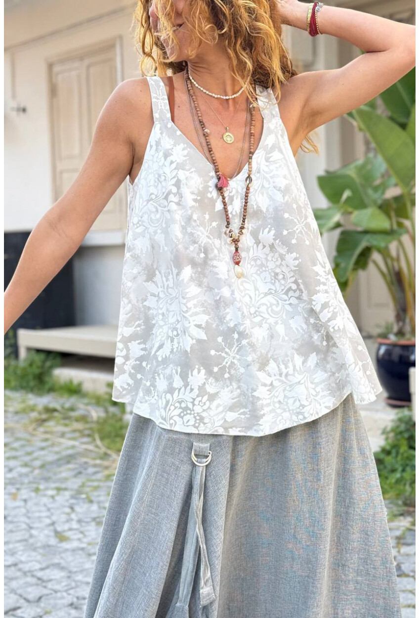 İtalyan Beyaz Askılı Desenli Yumuşak Dokulu A-Form Fit Salaş Dokuma Bluz 65 50