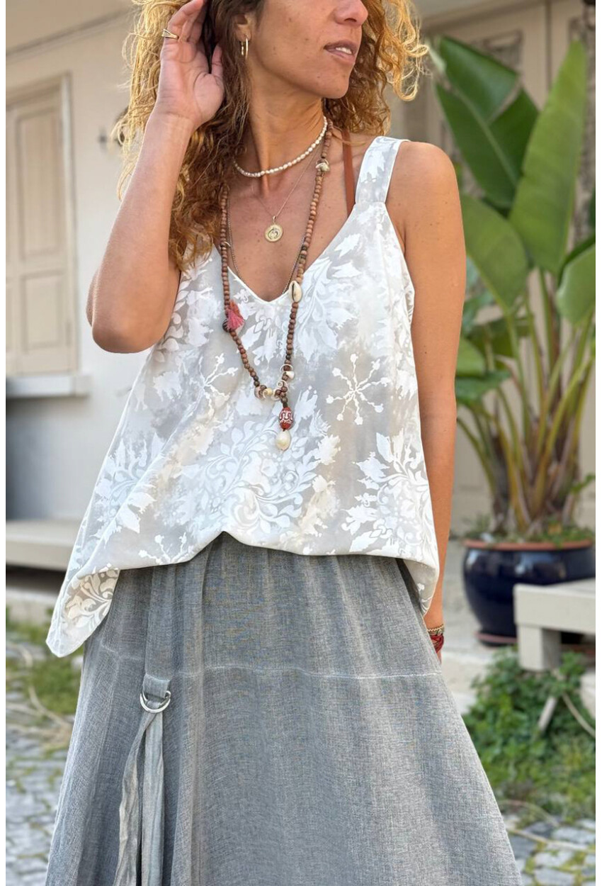 İtalyan Beyaz Askılı Desenli Yumuşak Dokulu A-Form Fit Salaş Dokuma Bluz 65 50