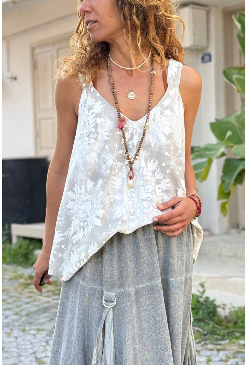 İtalyan Beyaz Askılı Desenli Yumuşak Dokulu A-Form Fit Salaş Dokuma Bluz 65 50