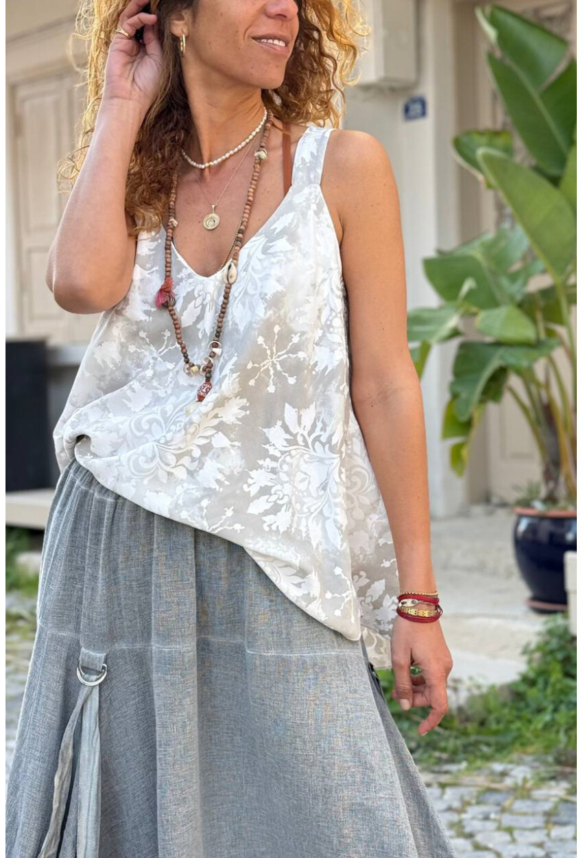 İtalyan Beyaz Askılı Desenli Yumuşak Dokulu A-Form Fit Salaş Dokuma Bluz 65 50