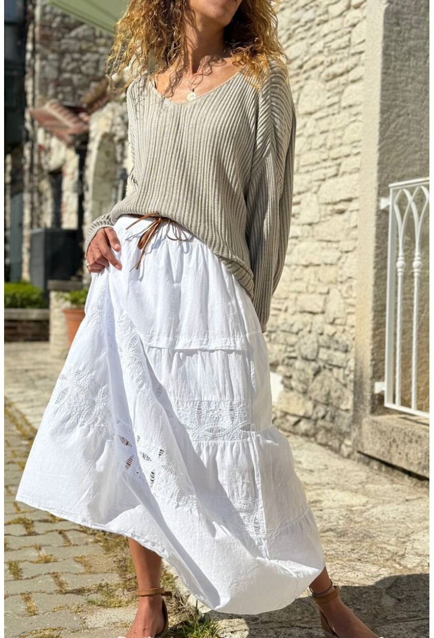 İtalyan Beyaz Astarlı Kemerli Brodeli Pamuklu Kiloş Dokuma Etek 90 35