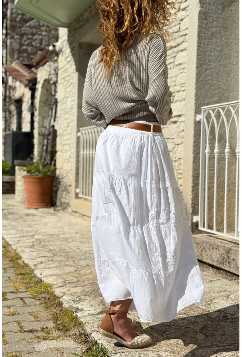 İtalyan Beyaz Astarlı Kemerli Brodeli Pamuklu Kiloş Dokuma Etek 90 35