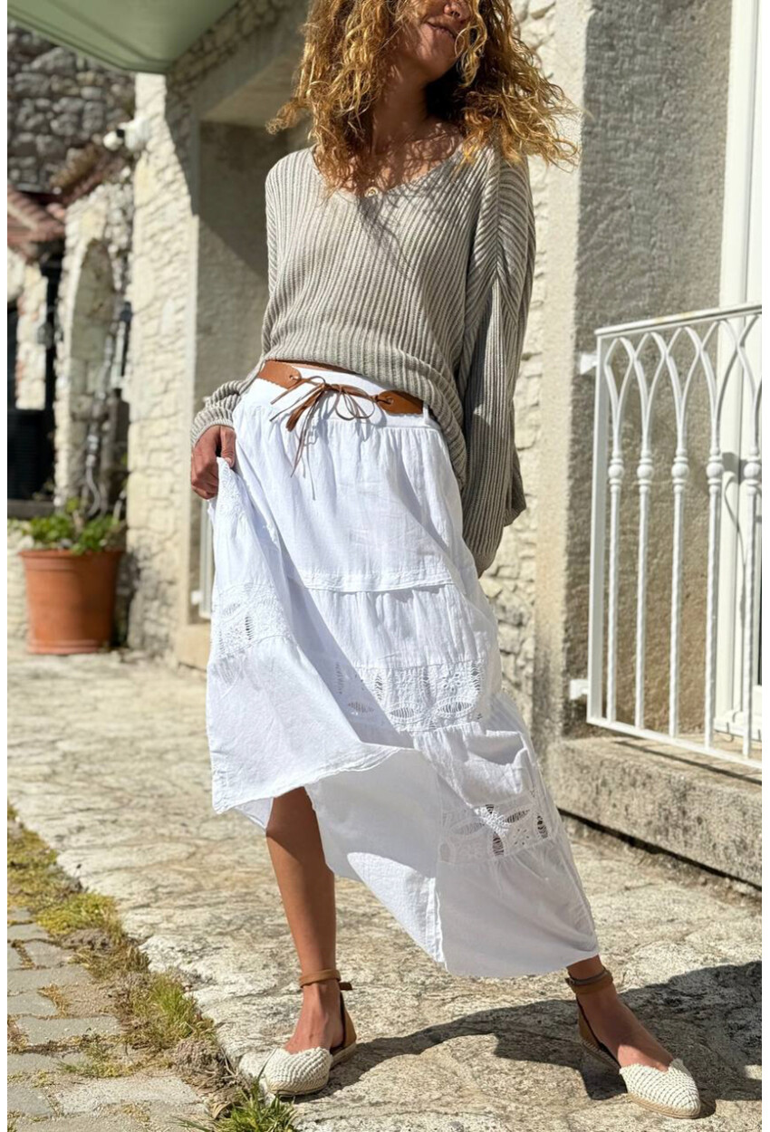 İtalyan Beyaz Astarlı Kemerli Brodeli Pamuklu Kiloş Dokuma Etek 90 35