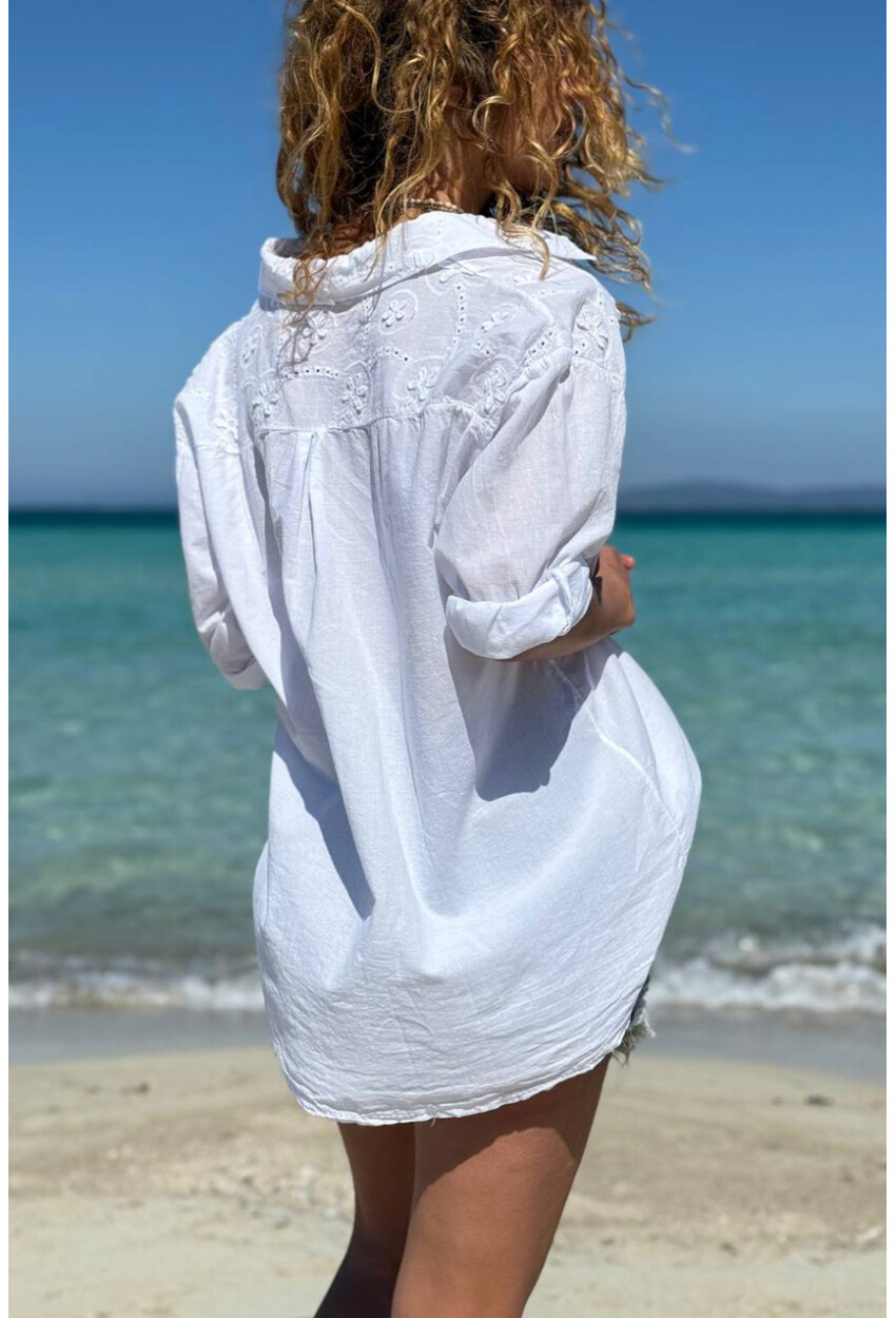 İtalyan Beyaz Brodeli Pamuklu Salaş Dokuma Gömlek 70 60