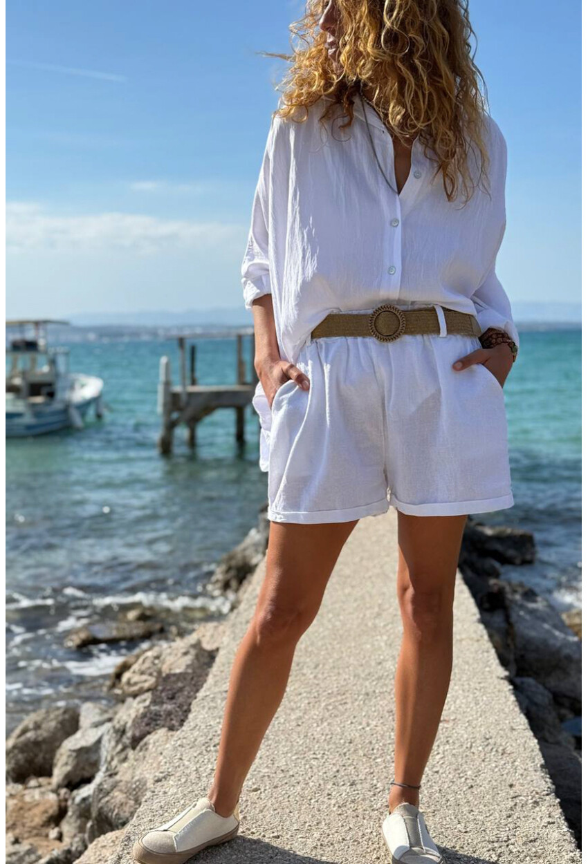 İtalyan Beyaz Cepli Kemerli Keten Duble Paça Dokuma Şort 38 58