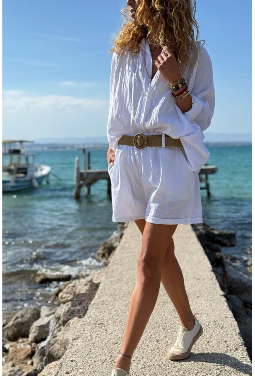 İtalyan Beyaz Cepli Kemerli Keten Duble Paça Dokuma Şort 38 58