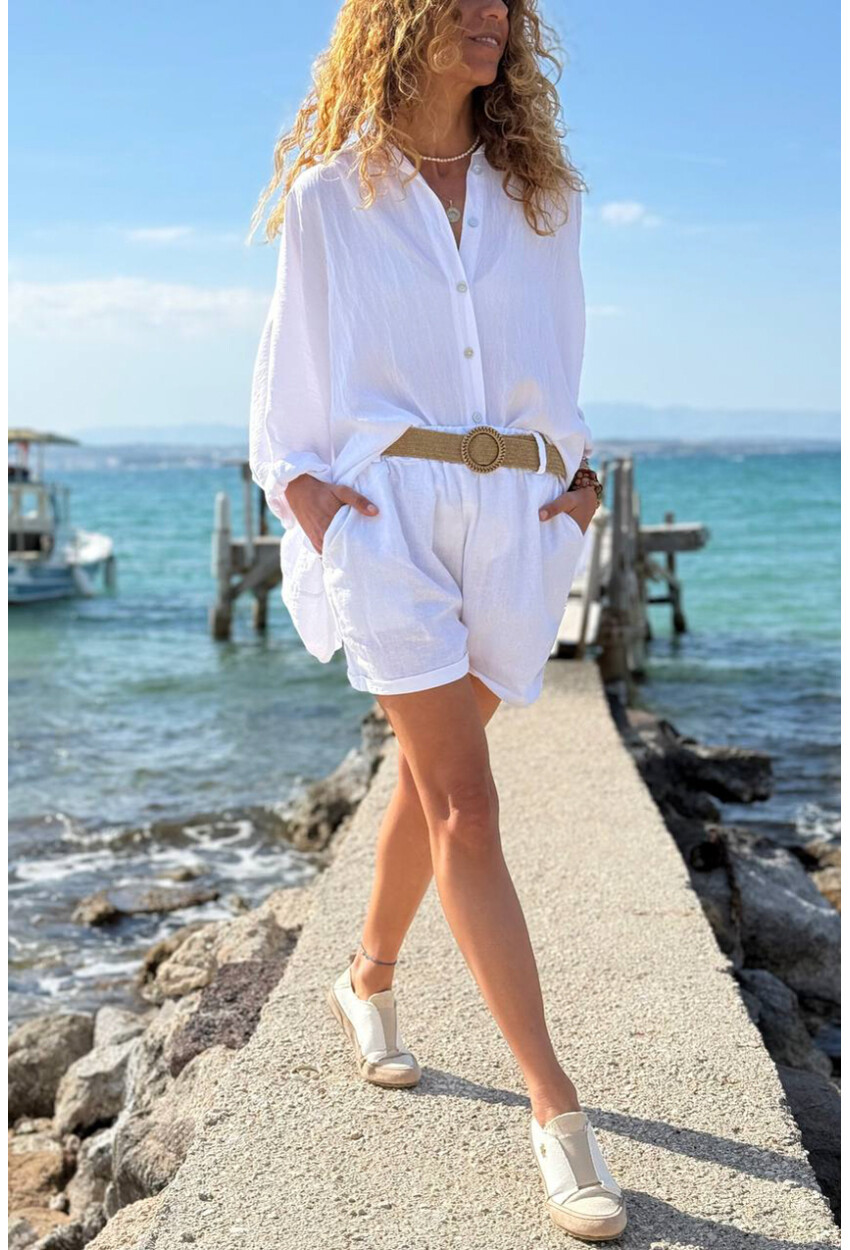 İtalyan Beyaz Cepli Kemerli Keten Duble Paça Dokuma Şort 38 58