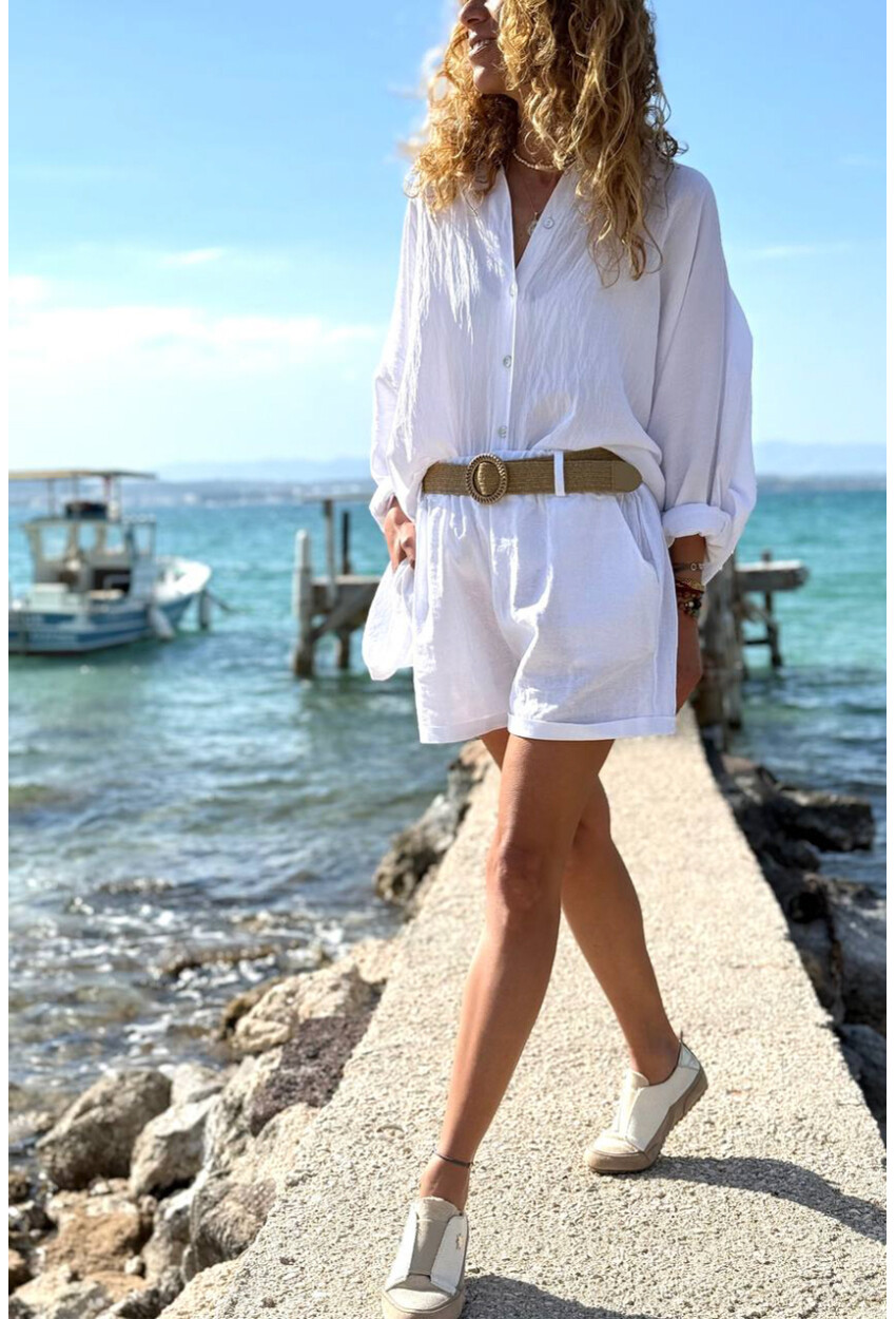 İtalyan Beyaz Cepli Kemerli Keten Duble Paça Dokuma Şort 38 58