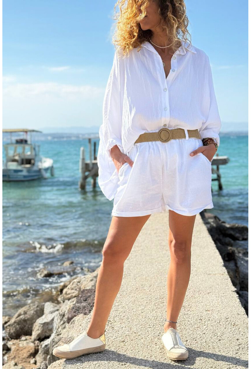 İtalyan Beyaz Cepli Kemerli Keten Duble Paça Dokuma Şort 38 58