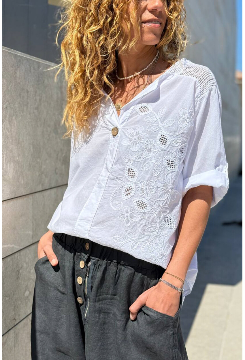 İtalyan Beyaz Düğmeli Yaka Yıkamalı Omzu Fileli Pul Payet Aplikeli Salaş Dokuma Bluz 70 55