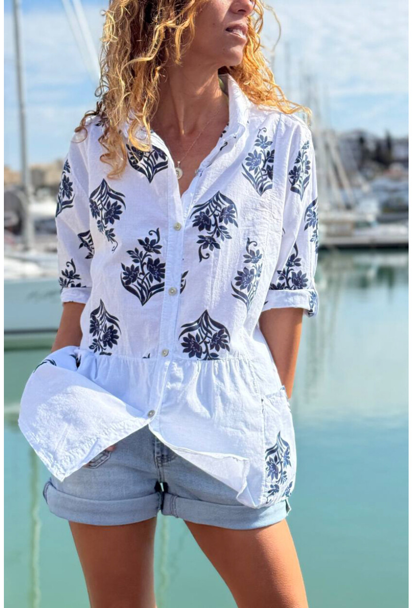 İtalyan Beyaz Etnik Desenli Cepli Eteği Pliseli Pamuklu Salaş Dokuma Gömlek 70 55