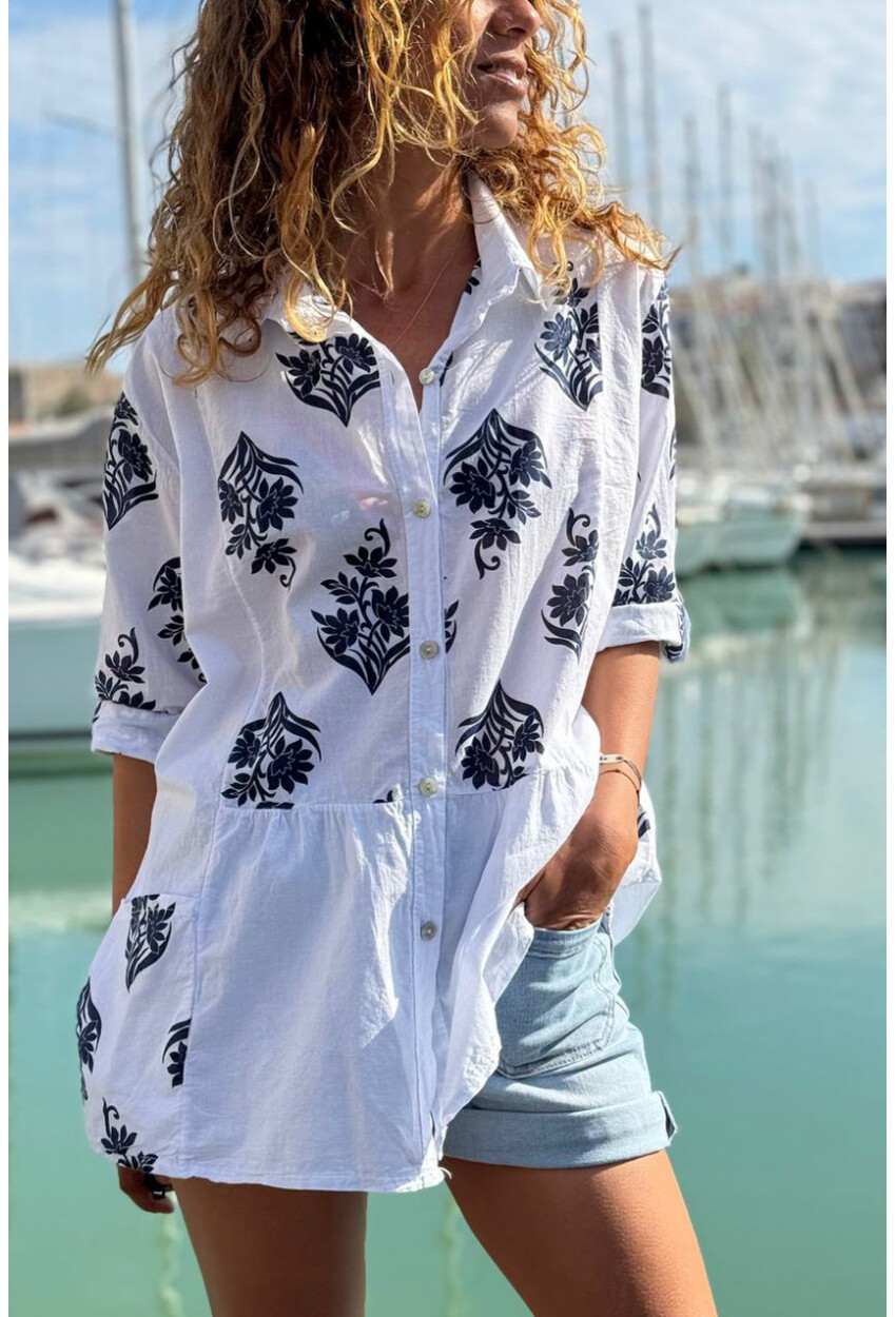 İtalyan Beyaz Etnik Desenli Cepli Eteği Pliseli Pamuklu Salaş Dokuma Gömlek 70 55