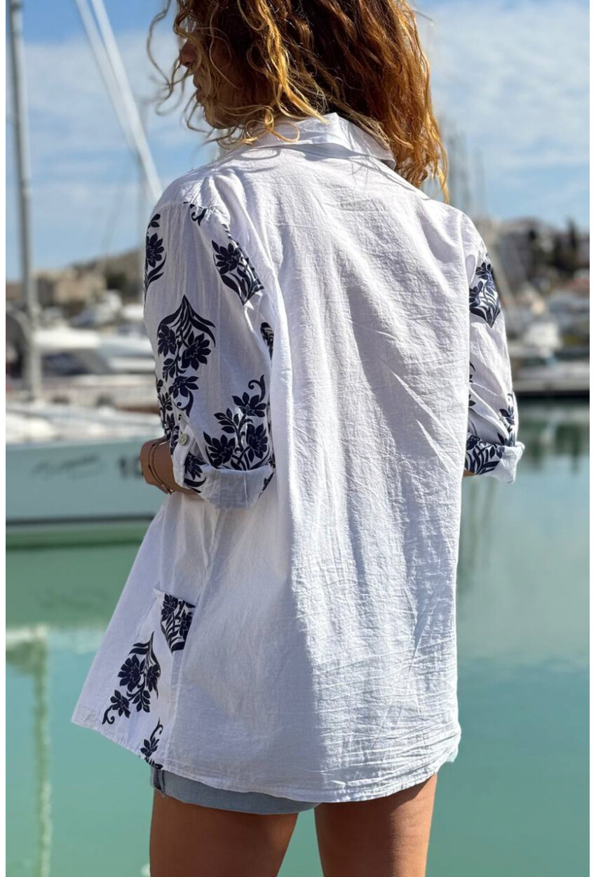 İtalyan Beyaz Etnik Desenli Cepli Eteği Pliseli Pamuklu Salaş Dokuma Gömlek 70 55