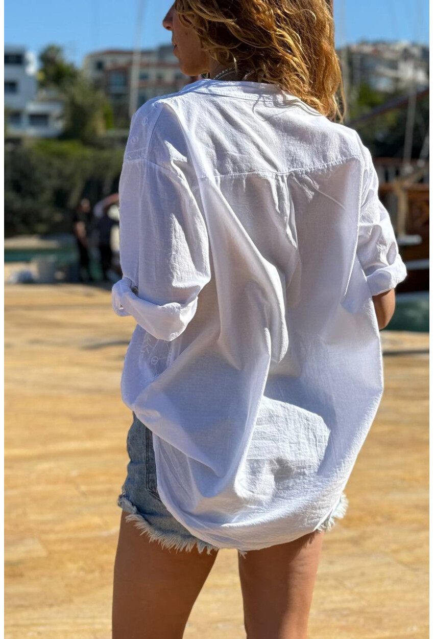 İtalyan Beyaz Hakim Yaka Etnik Desenli Yıkamalı Pamuklu Salaş Dokuma Gömlek 75 55