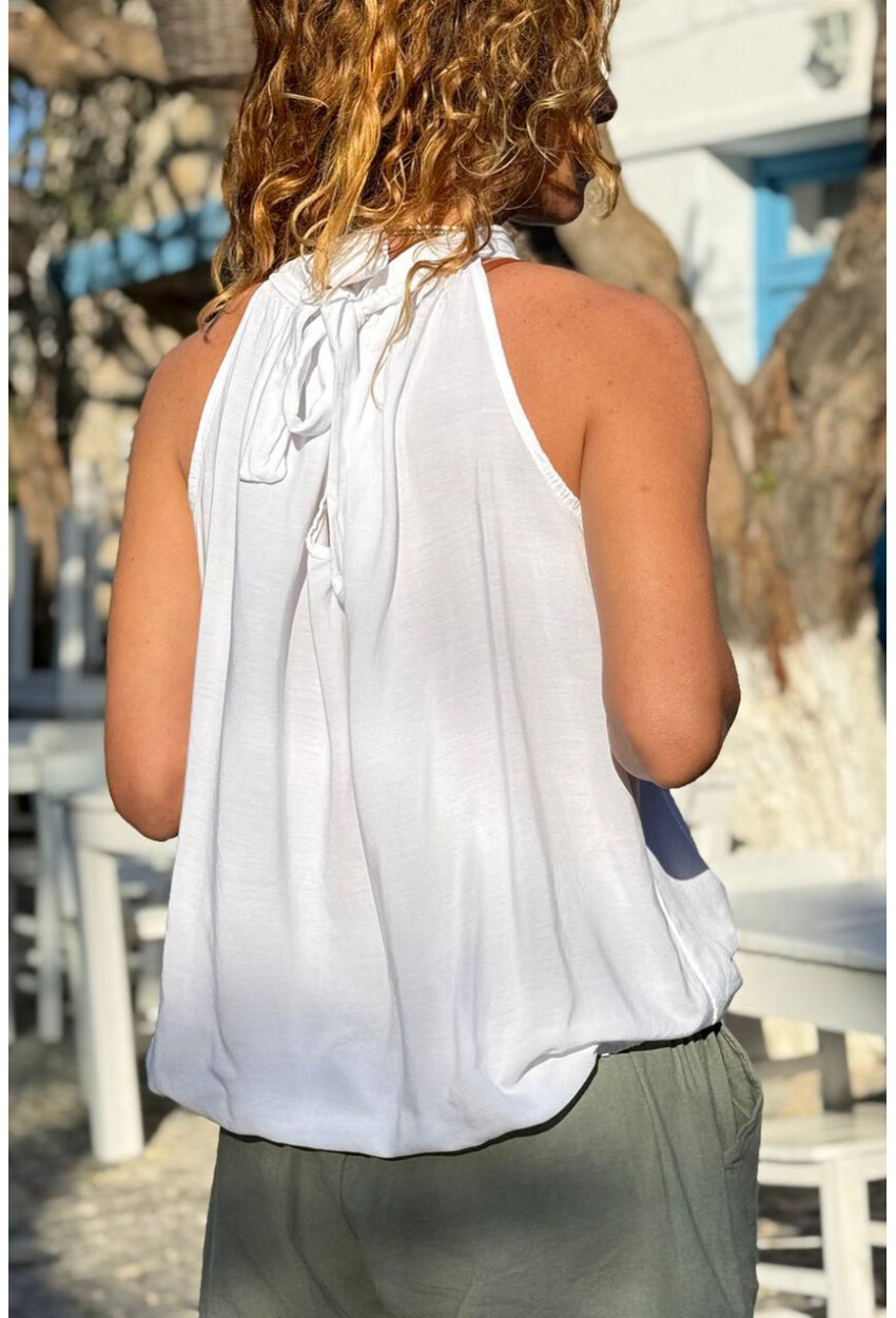 İtalyan Beyaz Halter Yaka Bağlamalı Eteği Lastikli Pliseli Yumuşak Dokulu Dokuma Bluz 110 35