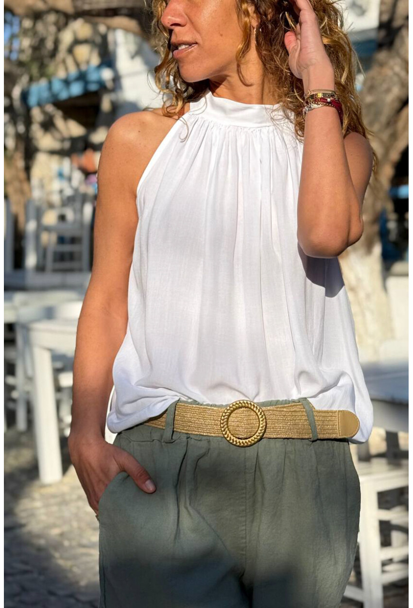 İtalyan Beyaz Halter Yaka Bağlamalı Eteği Lastikli Pliseli Yumuşak Dokulu Dokuma Bluz 110 35