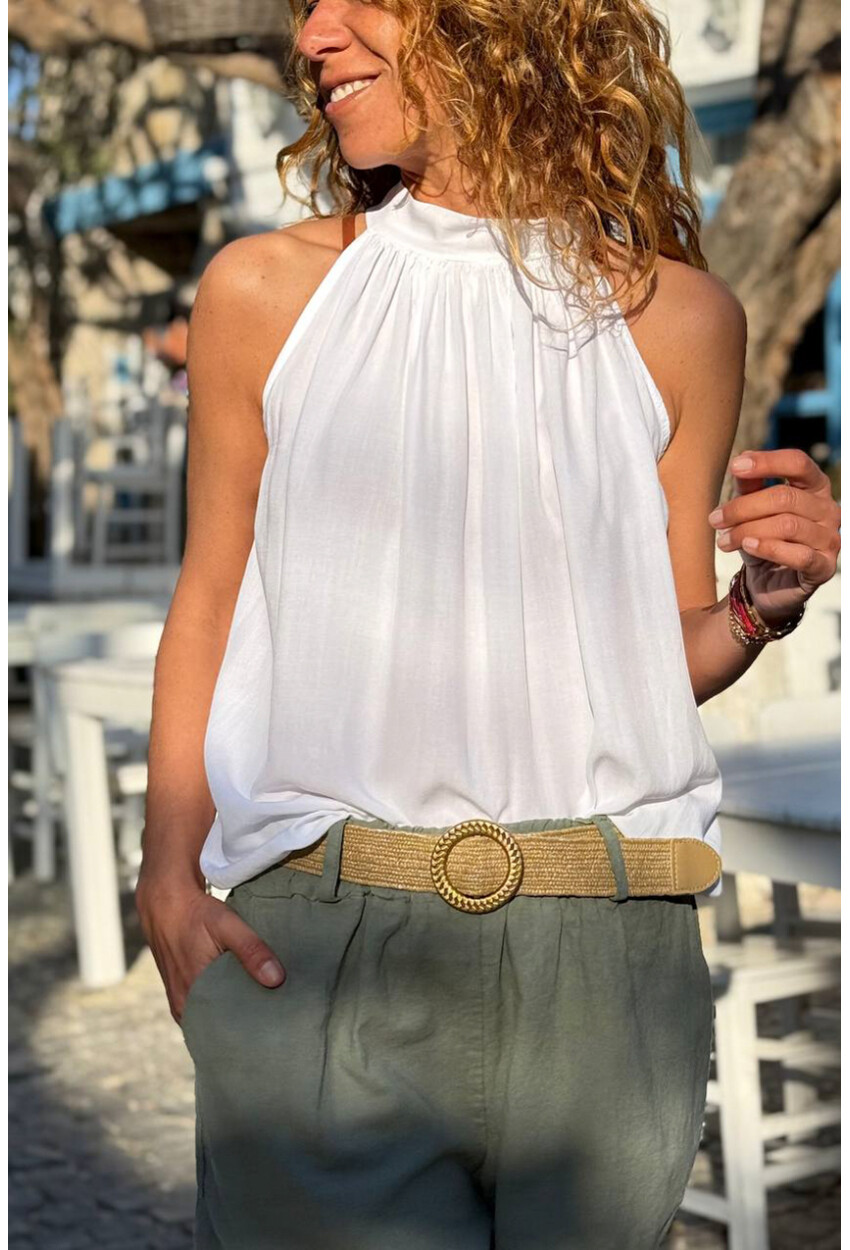 İtalyan Beyaz Halter Yaka Bağlamalı Eteği Lastikli Pliseli Yumuşak Dokulu Dokuma Bluz 110 35