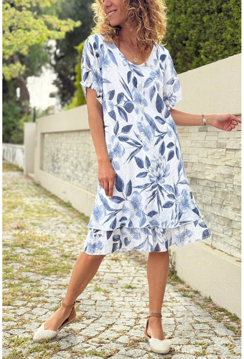 İtalyan Beyaz Kayık Yaka Etnik Desenli Yıkamalı Eteği Çift Kat Pamuklu Dokuma Elbise 100 45