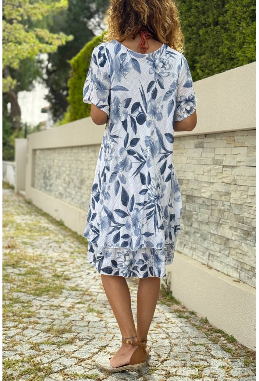 İtalyan Beyaz Kayık Yaka Etnik Desenli Yıkamalı Eteği Çift Kat Pamuklu Dokuma Elbise 100 45