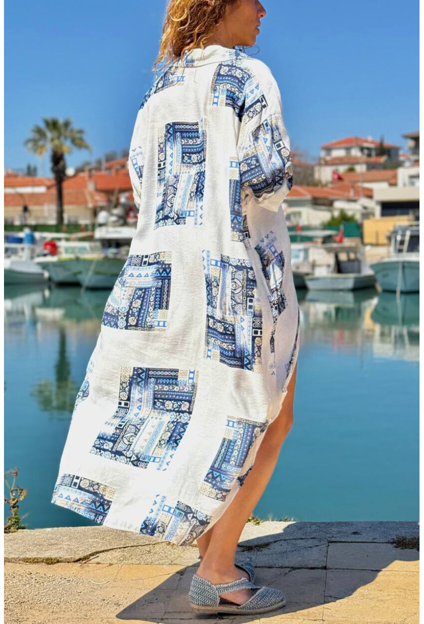 İtalyan Beyaz-Lacivert Etnik Desenli Cepli Yırtmaçlı Pamuklu Salaş Dokuma Elbise 120 65