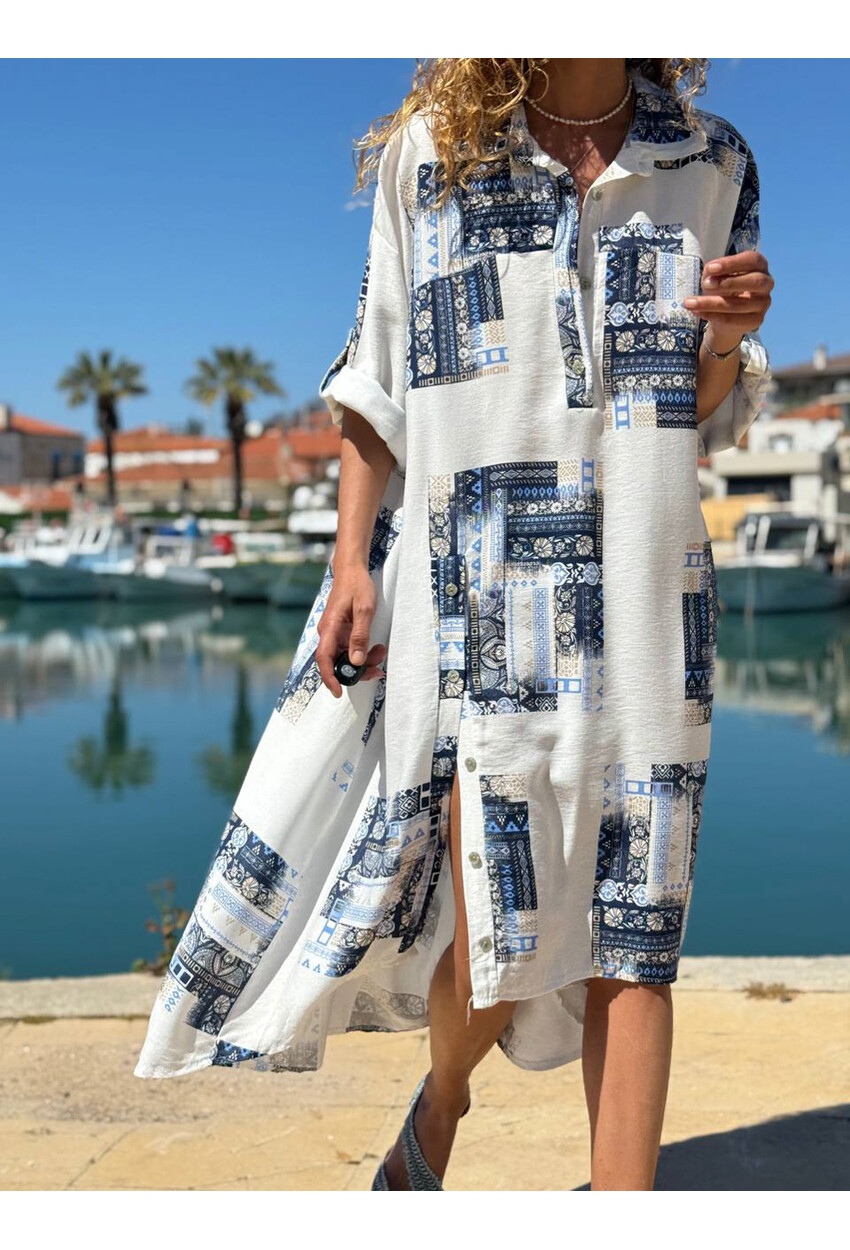 İtalyan Beyaz-Lacivert Etnik Desenli Cepli Yırtmaçlı Pamuklu Salaş Dokuma Elbise 120 65