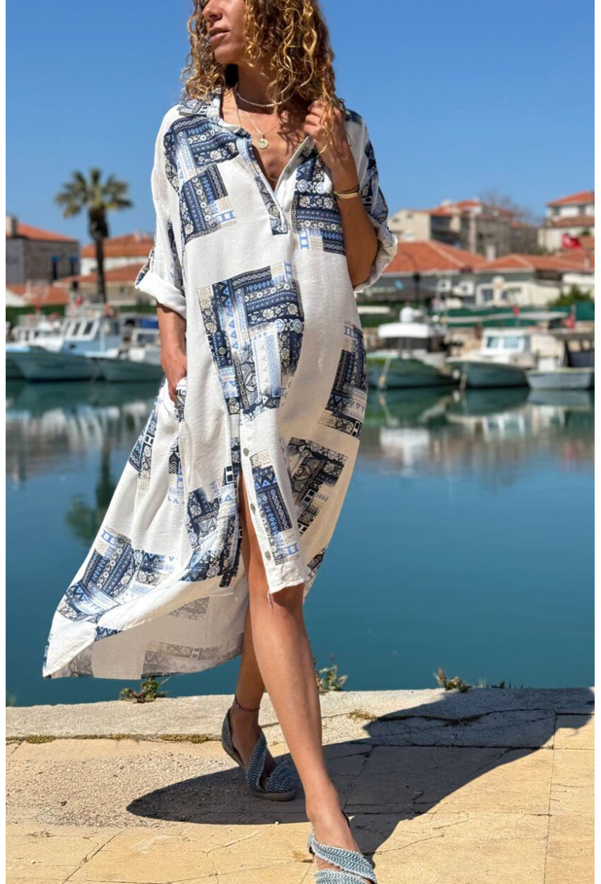 İtalyan Beyaz-Lacivert Etnik Desenli Cepli Yırtmaçlı Pamuklu Salaş Dokuma Elbise 120 65