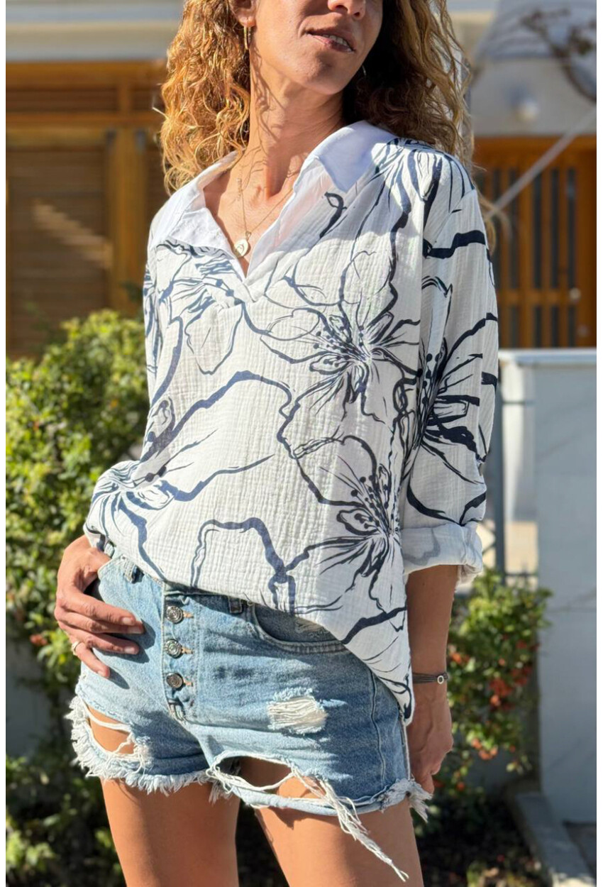 İtalyan Beyaz-Lacivert Gömlek Yaka Çiçekli Müslin Salaş Dokuma Bluz 70 60