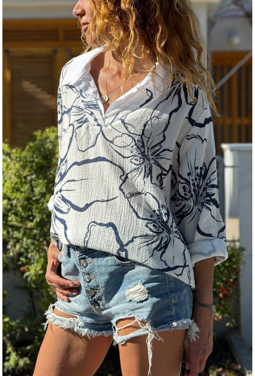 İtalyan Beyaz-Lacivert Gömlek Yaka Çiçekli Müslin Salaş Dokuma Bluz 70 60