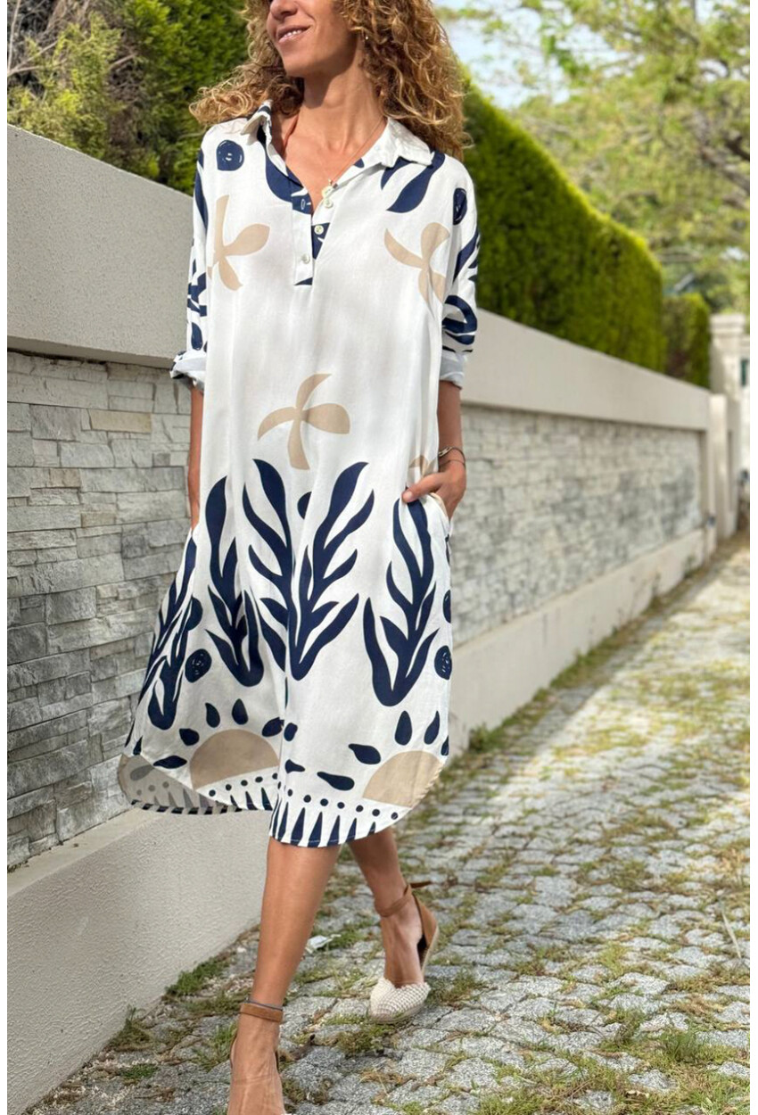 İtalyan Beyaz-Lacivert Gömlek Yaka Etnik Desenli Cepli Salaş Dokuma Elbise 110 65