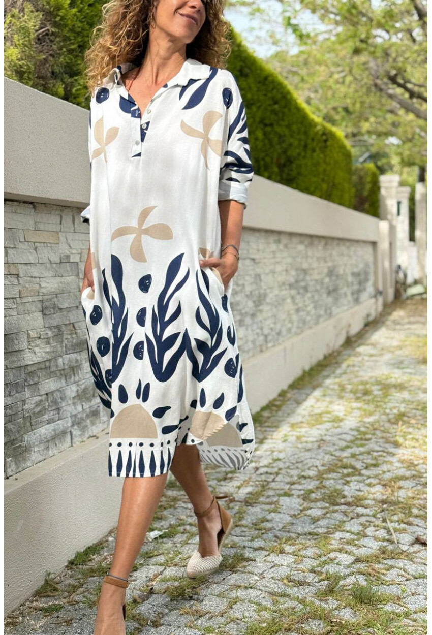 İtalyan Beyaz-Lacivert Gömlek Yaka Etnik Desenli Cepli Salaş Dokuma Elbise 110 65