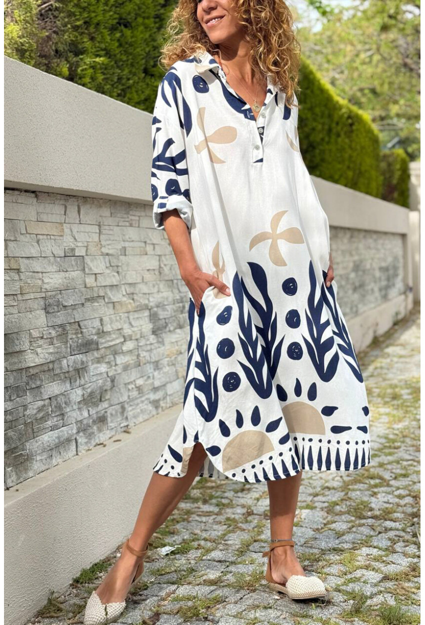 İtalyan Beyaz-Lacivert Gömlek Yaka Etnik Desenli Cepli Salaş Dokuma Elbise 110 65