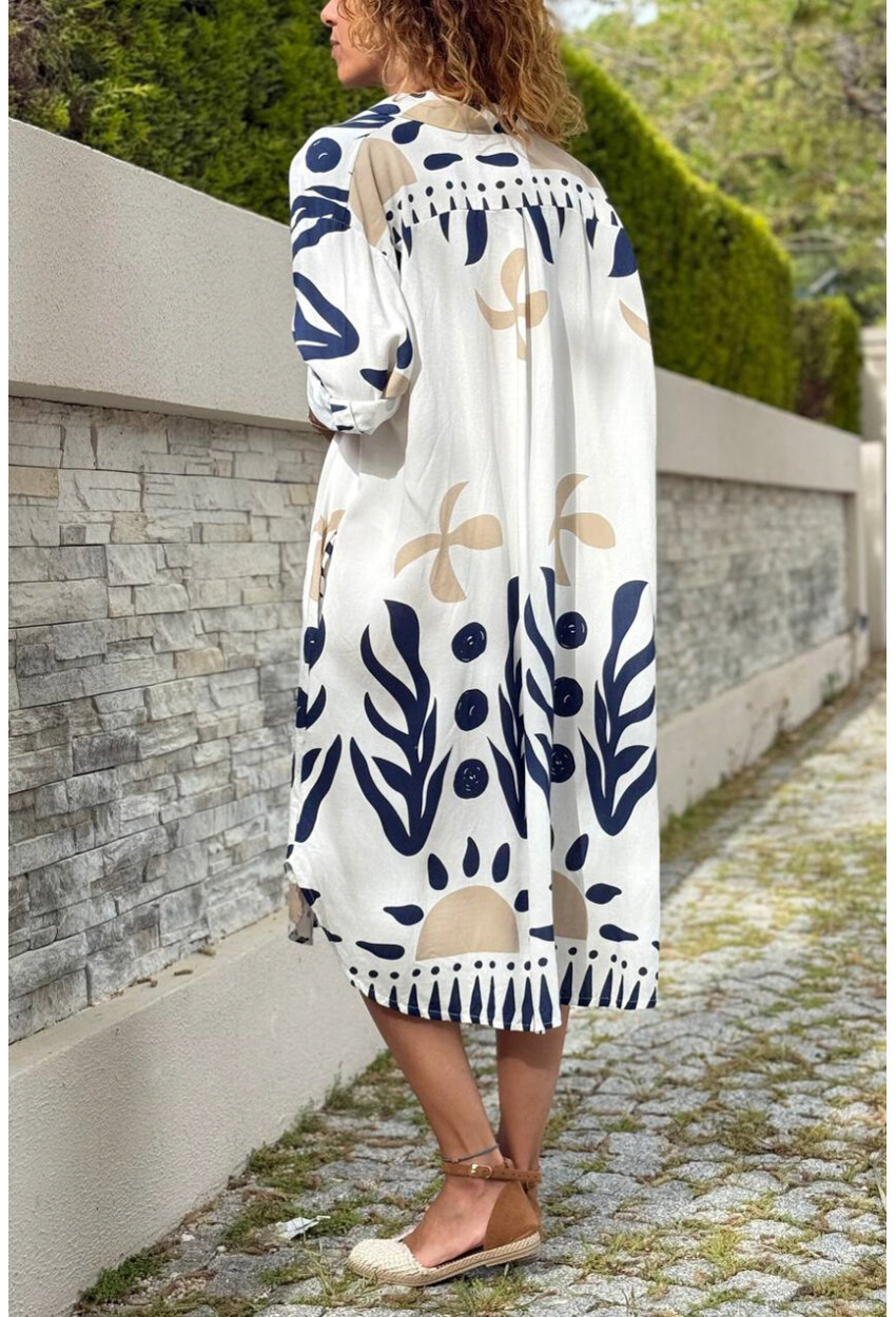 İtalyan Beyaz-Lacivert Gömlek Yaka Etnik Desenli Cepli Salaş Dokuma Elbise 110 65