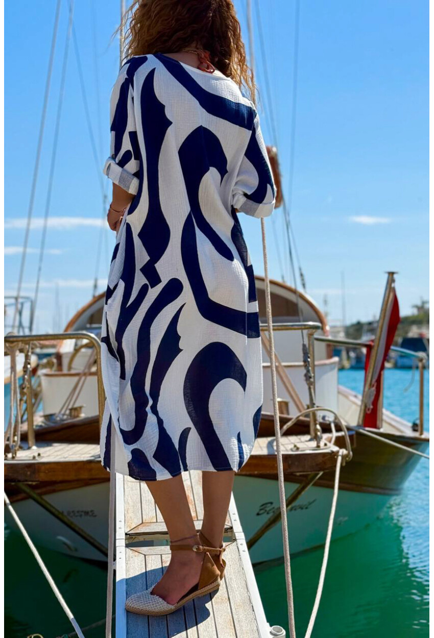 İtalyan Beyaz-Lacivert V Yaka Geometrik Desenli Cepli Müslin Salaş Dokuma Elbise 110 65