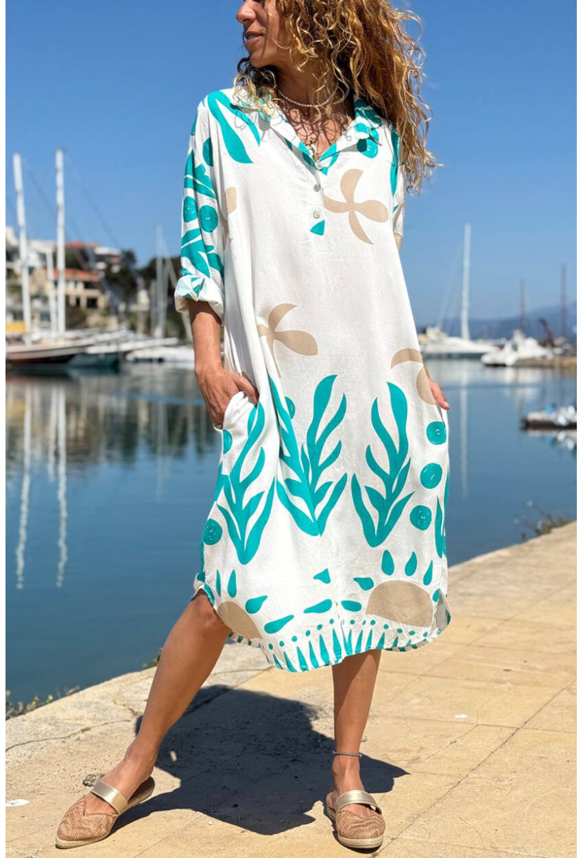 İtalyan Beyaz-Mavi Gömlek Yaka Etnik Desenli Cepli Salaş Dokuma Elbise 110 65