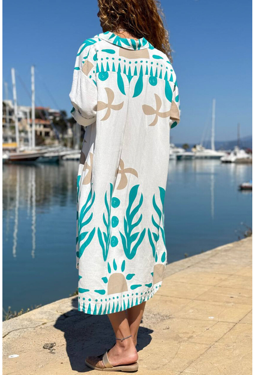 İtalyan Beyaz-Mavi Gömlek Yaka Etnik Desenli Cepli Salaş Dokuma Elbise 110 65