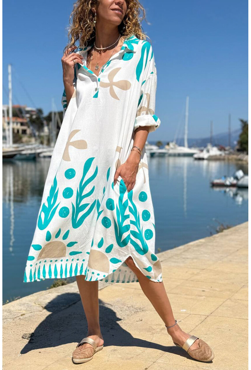 İtalyan Beyaz-Mavi Gömlek Yaka Etnik Desenli Cepli Salaş Dokuma Elbise 110 65