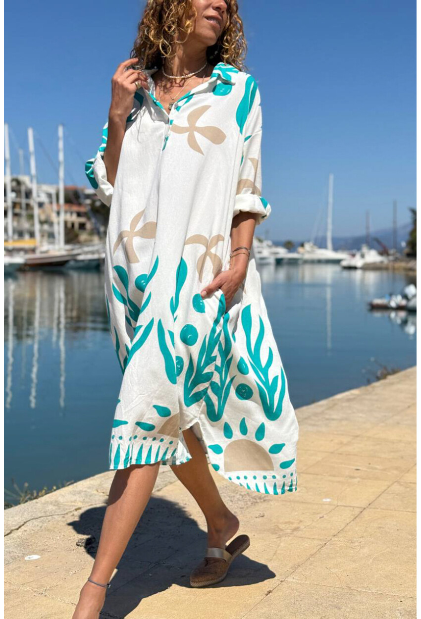 İtalyan Beyaz-Mavi Gömlek Yaka Etnik Desenli Cepli Salaş Dokuma Elbise 110 65