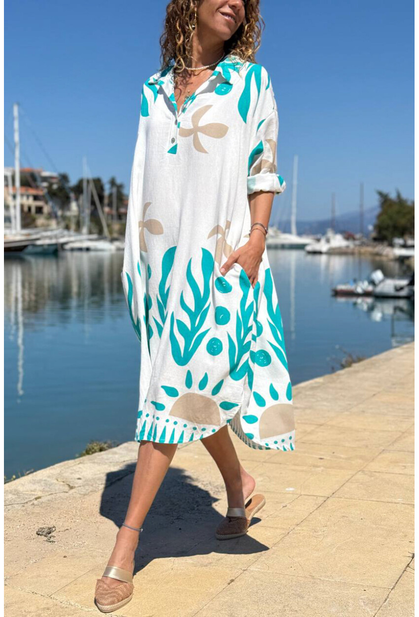 İtalyan Beyaz-Mavi Gömlek Yaka Etnik Desenli Cepli Salaş Dokuma Elbise 110 65