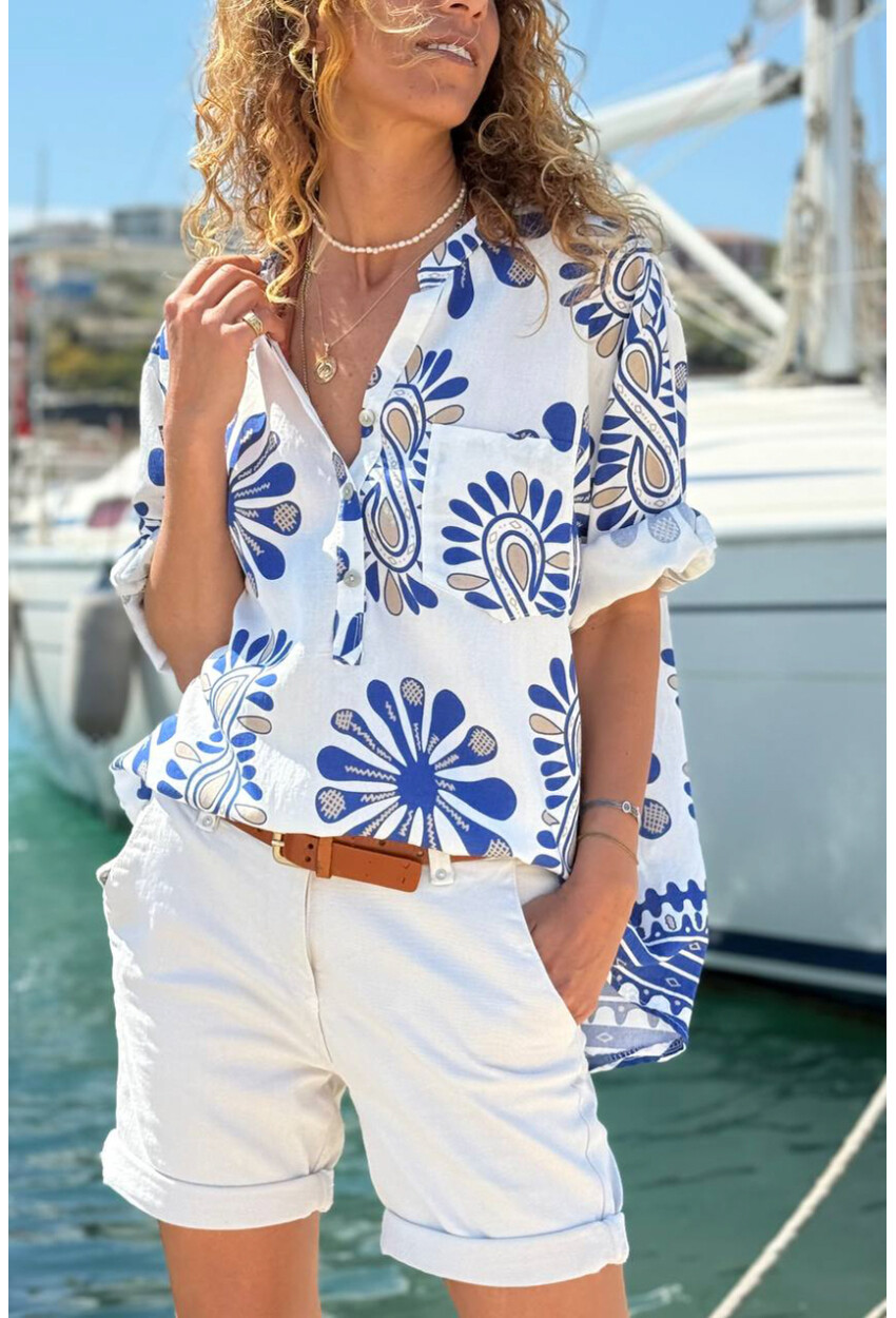 İtalyan Beyaz-Mavi Hakim Yaka Etnik Desenli Pamuklu Salaş Dokuma Bluz 70 60