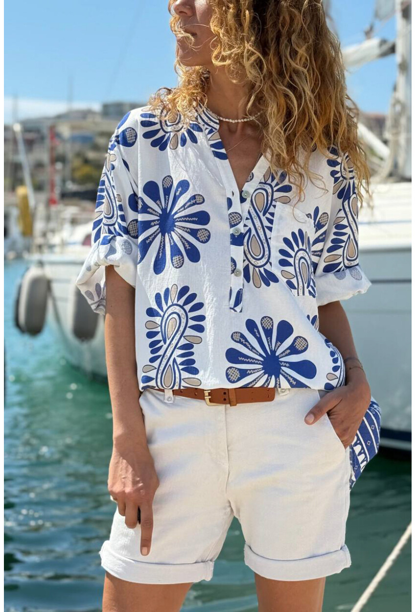 İtalyan Beyaz-Mavi Hakim Yaka Etnik Desenli Pamuklu Salaş Dokuma Bluz 70 60