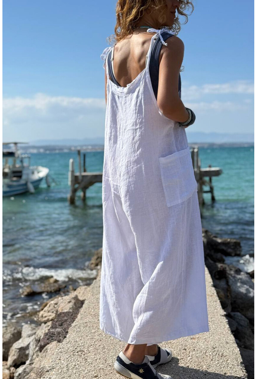 İtalyan Beyaz Omuzdan Bağlamalı Askılı Cepli Bol Paça Keten Salaş Dokuma Tulum 110 50