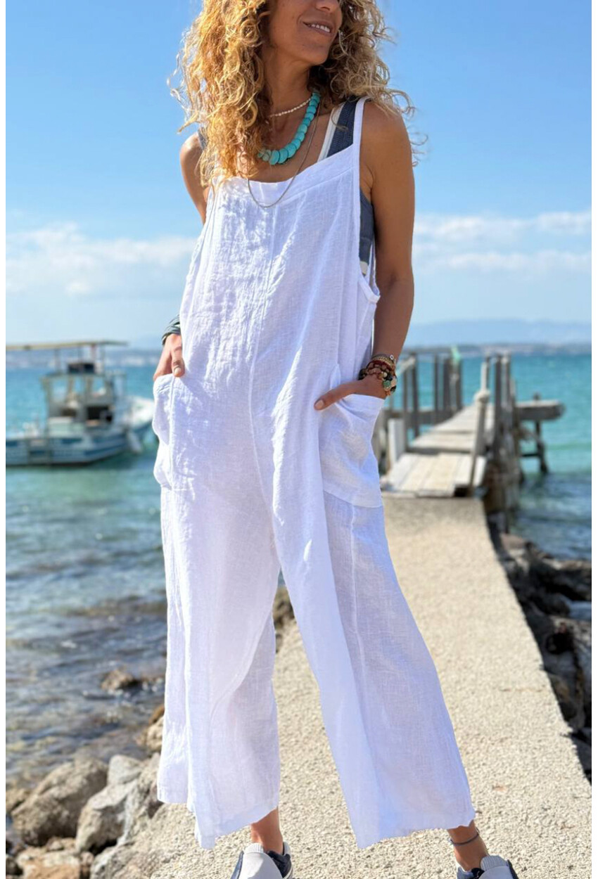 İtalyan Beyaz Omuzdan Bağlamalı Askılı Cepli Bol Paça Keten Salaş Dokuma Tulum 110 50